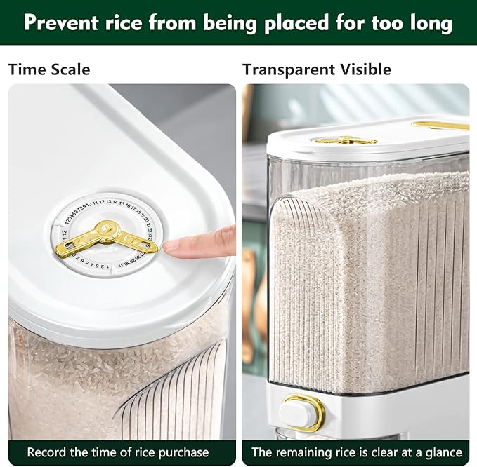 Lenwi 22 Lbs Rice Dispenser, Large Dry Food Storage Container with with Measuring Cup & Time Scale, Food Dispenser Kitchen Organization and Pantry Store for Cereal Dry Food (White)