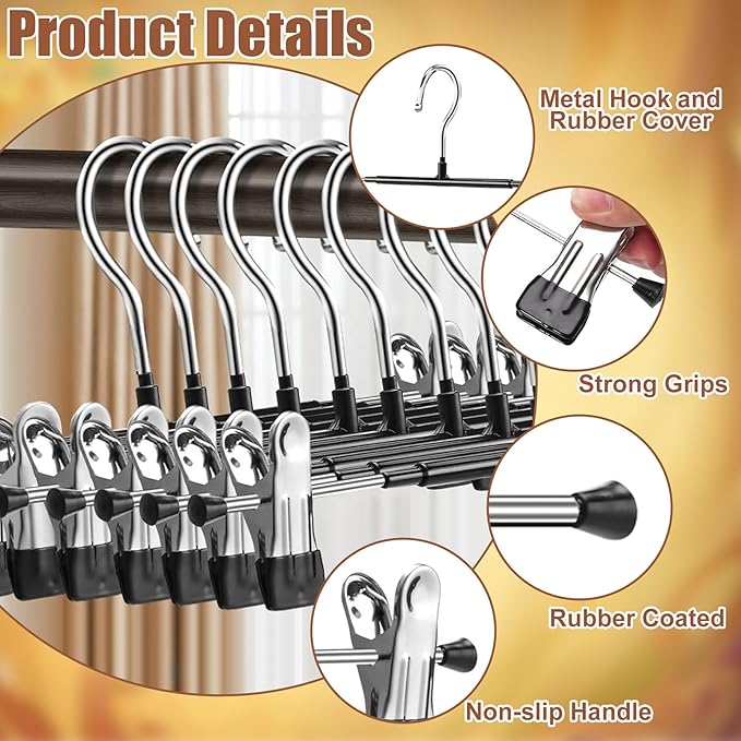 Jeffbaubl 20 Pack Pants Hangers, Skirt Hangers with Clips, Heavy Duty Adjustable Clips Hanger, Rubber Cover Metal Trouser Clip Hanger, Ultra Thin Space Saving for Skirt Jeans Adult