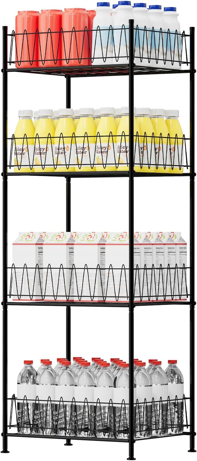 smusei Water Bottle Organizer Rack 4 Tier Free Standing Bottled Water Storage Organizer for Floor, Metal Beverage Soda Can Dispenser Shelf Holder Stand for Kitchen Pantry Office, Black