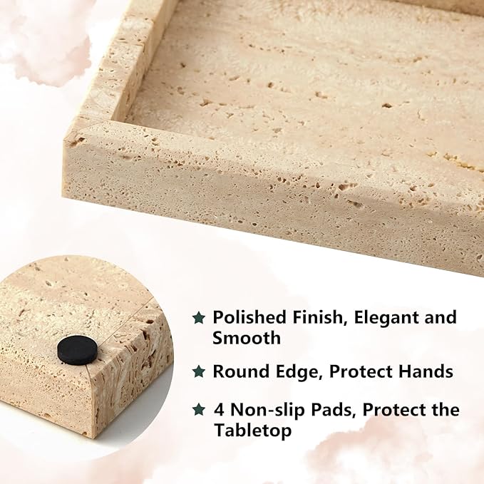 Real Natural Travertine Tray for Bathroom, Vanity, Kitchen and Desktop, Rectangle Genuine Marble Stone Tray for Jewelry, Cosmetics, Candles, Lotion, Perfume and Home Decor, 12"x5" Size