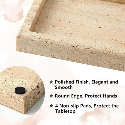 Real Natural Travertine Tray for Bathroom, Vanity, Kitchen and Desktop, Rectangle Genuine Marble Stone Tray for Jewelry, Cosmetics, Candles, Lotion, Perfume and Home Decor, 12"x5" Size