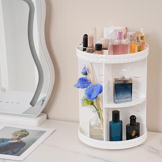 V-HANVER 360 Rotating Makeup Organizer Perfume Organizer White Cosmetic Storage Display Case Large Capacity Acrylic Beauty Holder Adjustable Partition Height for Bedroom Dresser or Bathroom Vanity