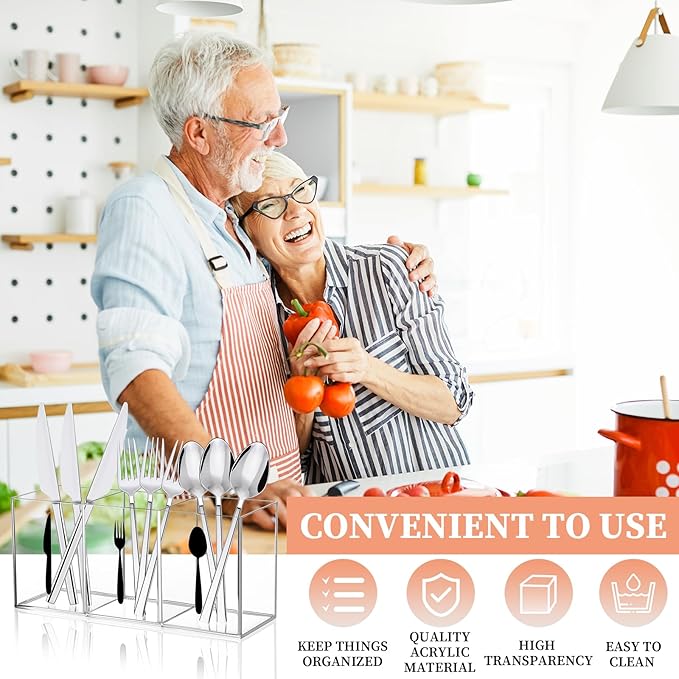 Acrylic Cutlery Storage Organizer Bin Clear Acrylic Silverware Caddy Utensil Holder 3 Compartment Cutlery Caddy Plastic Tableware Silverware Holder for Countertop Kitchen Party Buffet Picnic