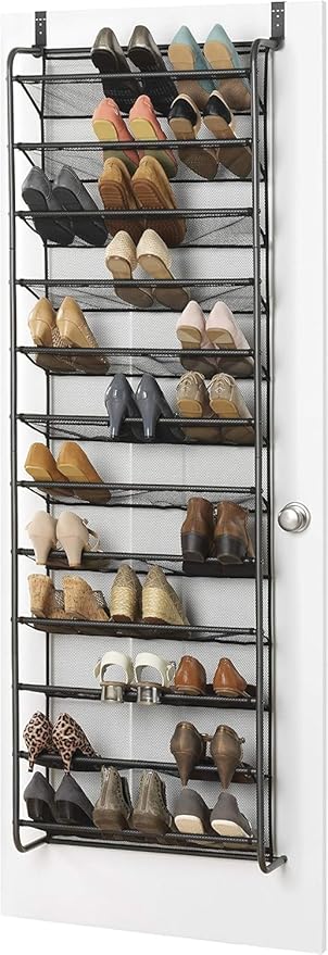 Plexon Over The Door Shoe Rack, 36 Pair, 69" H x 21.6" W x 7.5" L, Metal Gray