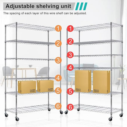 Storage Shelves with Wheels 6 Tier Wire Shelving Adjustable Metal Shelving Unit Heavy Duty NSF Shelf Capacity 2100lbs for Garage Rack, Kitchen, Closet, Commercial (45"x18"x82", Chrome)