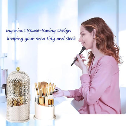 Makeup Brush Holder with Lid, 360 Rotating Multifunction Clear Dustproof Skincare Cosmetic Tools Storage Organizer for Vanity Desktop Bathroom Countertop (White)