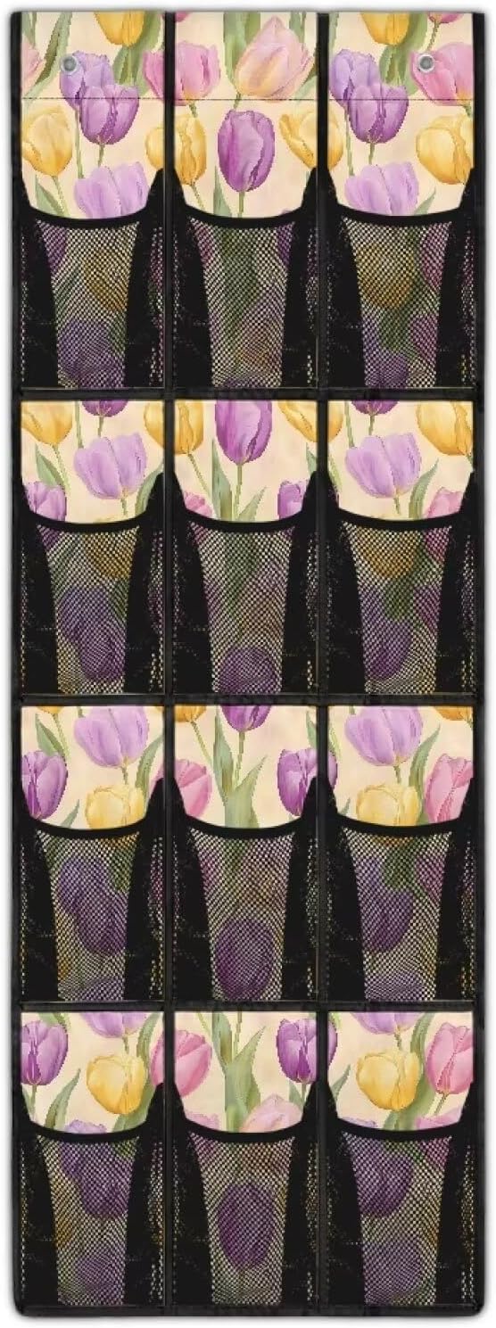 Multi-Pocket Over the Door Organizer, 12 Mesh Pockets Storage Hanging Bag Behind the Door for Shoes Toys and Cleaning Supplies, Fabric Door Organizer for Bedroom Bath, Easter Tulip