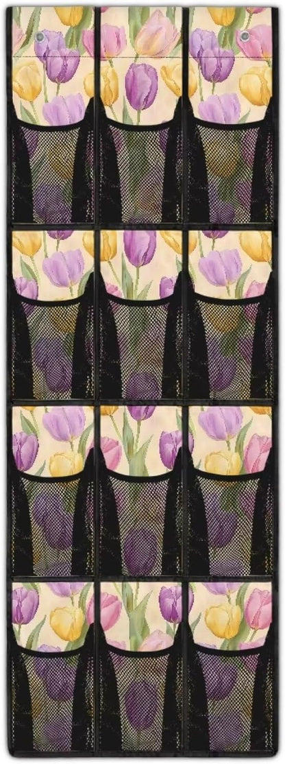 Multi-Pocket Over the Door Organizer, 12 Mesh Pockets Storage Hanging Bag Behind the Door for Shoes Toys and Cleaning Supplies, Fabric Door Organizer for Bedroom Bath, Easter Tulip