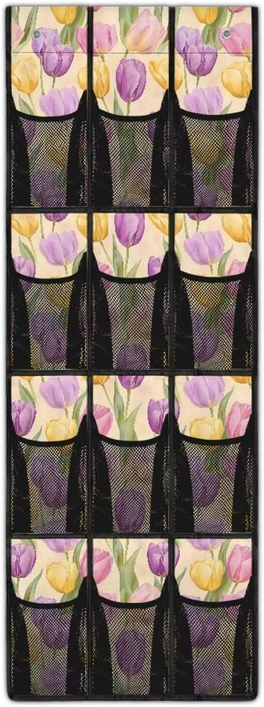 Multi-Pocket Over the Door Organizer, 12 Mesh Pockets Storage Hanging Bag Behind the Door for Shoes Toys and Cleaning Supplies, Fabric Door Organizer for Bedroom Bath, Easter Tulip
