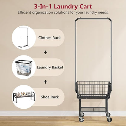 Tajsoon Laundry Cart with Hanging Rack, Metal Laundry Basket with Wheels, Laundry Hamper with Storage Basket and Shelf, Rolling Laundry Cart with Wheels, Black
