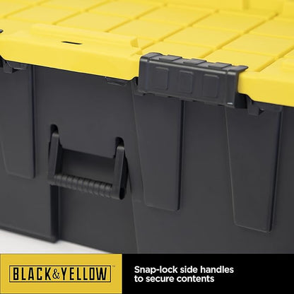 CX BLACK & YELLOW, 20-Gallon Heavy Duty Tough Storage Footlocker & Snap-Tight Lid, (13.4H x 18.2W x 32.3D), Weather-Resistant Design and Stackable Organization Tote [4 Pack]