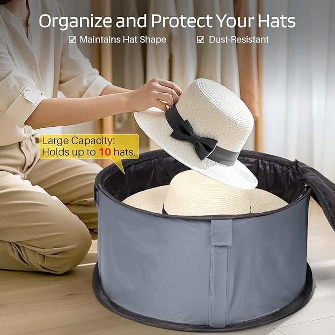 WOMACO Hat Box for Storage, Stackable Hat Storage Case for Cowboy Hat, Round Brim Hat Organizer Bag for Closet (Gray, Large)