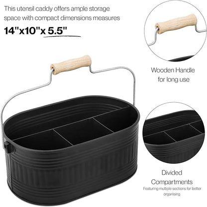 Alpha Living Home Large Silverware Drawer Organizer, Utensil Holder, Silverware Organizer, Caddy, Cutlery Holder, Wooden Handle 4-Section Galvanized Flatware Organizer for Kitchen, BBQ Black