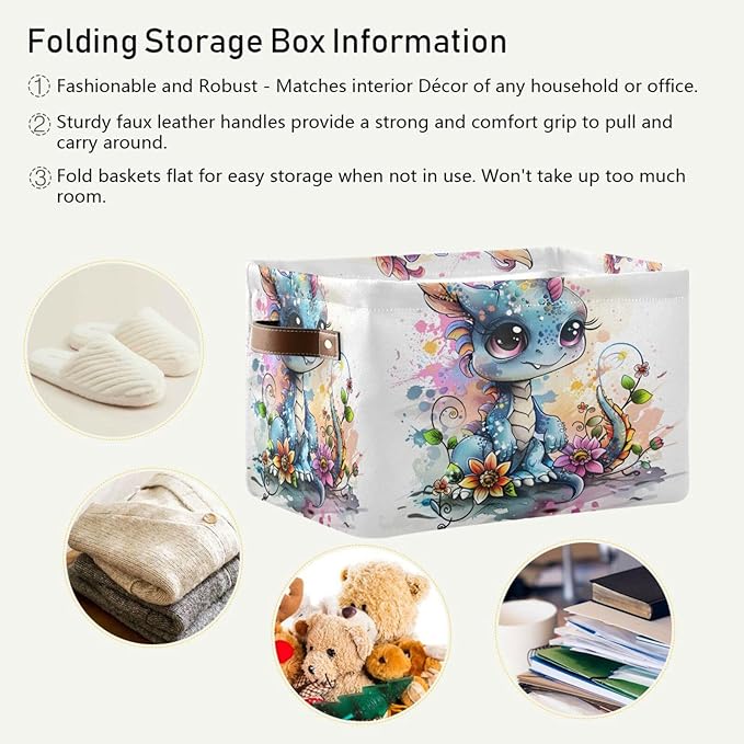 Large Storage Basket Cute Dragon Style Storage Bin Cube Canvas Fabric Organizer Handles Collapsible for Clothes Toys Bedroom Decorative