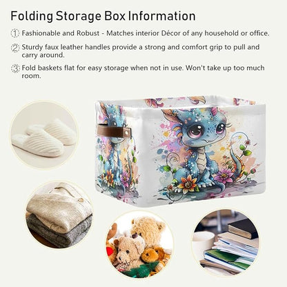 Large Storage Basket Cute Dragon Style Storage Bin Cube Canvas Fabric Organizer Handles Collapsible for Clothes Toys Bedroom Decorative