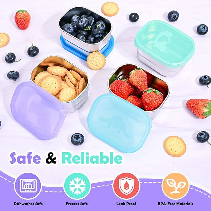 Tanjiae 4×8oz Small Stainless Steel Snack Containers for Kids & Toddlers - 230mL Leakproof Food Containers with Cute Dino Lids | LFGB Certified, Stackable Metal Snack Box for Daycare, School, Travel