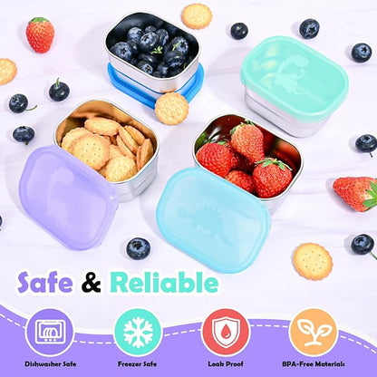 Tanjiae 4×8oz Small Stainless Steel Snack Containers for Kids & Toddlers - 230mL Leakproof Food Containers with Cute Dino Lids | LFGB Certified, Stackable Metal Snack Box for Daycare, School, Travel