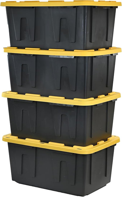 CX Black & Yellow 27-Gallon Heavy Duty Storage Bins with Lids, Stackable Plastic Storage Bins with Weather-Resistant Design, Home Organization, 4 Pack (14.3"H x 20.6"W x 30.6"D)