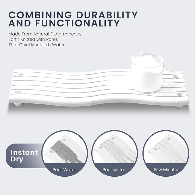 Water Absorbing Stone Tray for Sink,Quick Drying Diatomaceous Earth Coasters Sink Caddy Organizer,Soap Dish Holder & Toothbrush Holder for Bathroom Counter， Toiletries（White, 11.8" x 4.33"）