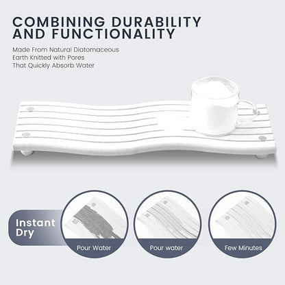 Water Absorbing Stone Tray for Sink,Quick Drying Diatomaceous Earth Coasters Sink Caddy Organizer,Soap Dish Holder & Toothbrush Holder for Bathroom Counter， Toiletries（White, 11.8" x 4.33"）