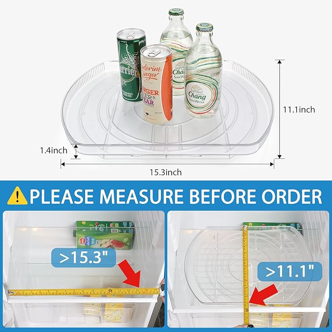 Lazy Susan Turntable for Refrigerator, Square Turntable Organizer for Fridge Cabinet, Pantry, Countertop (15.3" x 11.1" Rectangle 2 Pack - Clear)