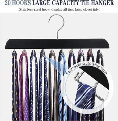 Tie Rack Belt Hanger for Closet Upgraded Non Slip Tie Hanger Space Saving with 20 Foldable Hooks Wooden Belt Tie Organizer for Tank Tops Bras Cami Scarves