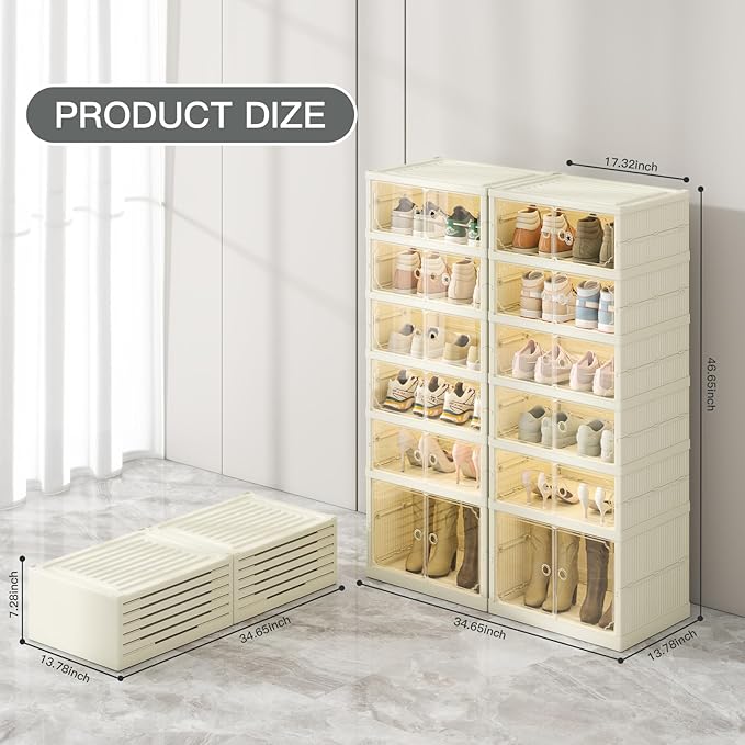 Dimmeda 6 Tiers Foldable Shoe Rack Organizer for Closet with Wheels, 24Pairs Plastic Collapsible Shoe Shelf for Front Door Entrance Stackable Clear Folding Shoes Storage Boxes Tall Shoe Cabinet