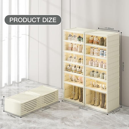 Dimmeda 6 Tiers Foldable Shoe Rack Organizer for Closet with Wheels, 24Pairs Plastic Collapsible Shoe Shelf for Front Door Entrance Stackable Clear Folding Shoes Storage Boxes Tall Shoe Cabinet