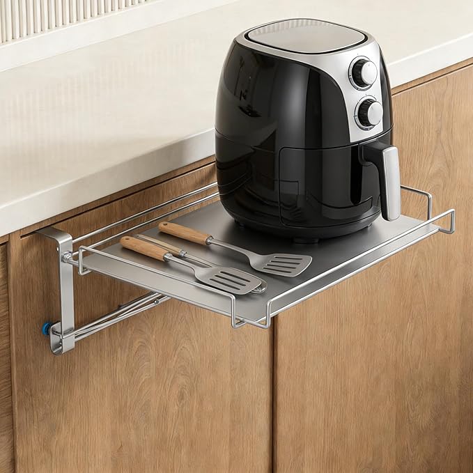 Foldable Cabinet Door Organizer Shelf & Countertop Extender - Metal Storage Rack with Hanging Design,Space-Saving Kitchen Hanging Shelf for Spices, Utensils & Pantry Items (Silver)