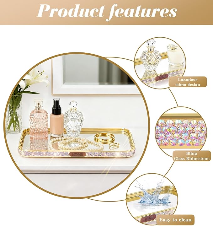 Bathroom Gold Tray Jewelry Perfume Makeup Organizer Decorative Tray for Vanity, Dresser, Bathroom, Bedroom Entrance Hall, Living Room(11.8IN Colorful)