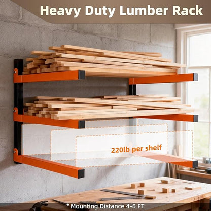 Wall Mounted Lumber Storage Rack and Wood Organizer with 6-Level Holds Up 1320 LBS, Heavy Duty Steel Shelf Brackets for Garages Workshops & Outdoor Sheds, Space Saving Metal Wall Rack