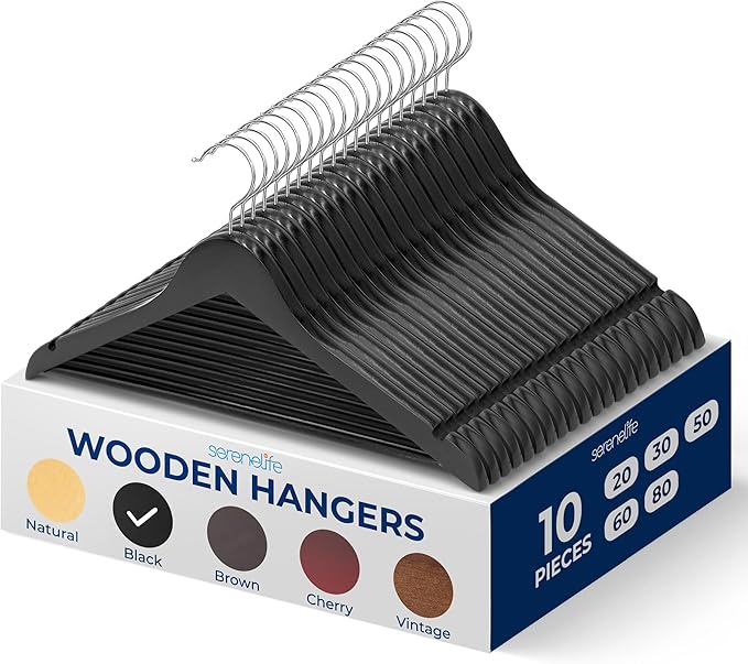 SereneLife 10 Pack Wooden Coat Hangers, Natural Wood Suit Hangers with Non-Slip Pant Bar, with 360-Degree Rotatable Hook, for Closet Organization, Shirts, Jackets, Dresses, and Pants (Black)