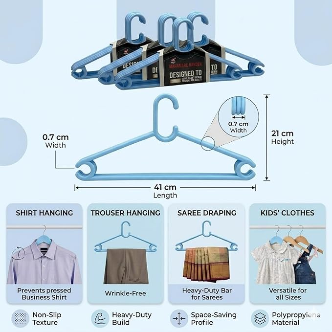 Plastic Hangers for Clothes Hanging | Set of 6 | Ideal Cloth Hangers for Clothes in Wardrobe | Almirah Organizer | Cloth Hanger Needs in Wardrobe | Mint Granite Blue
