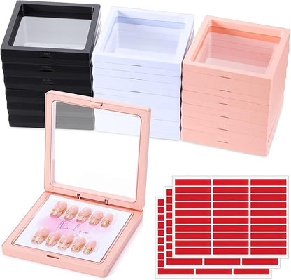 meekoo 30 Pcs Press on Nail Packaging Box with 90 Pcs Adhesive Double Sided Tape Artificial Nail Display Case Storage Container Box Acrylic Packaging Organizer for Home Salon Art (Black, White, Pink)