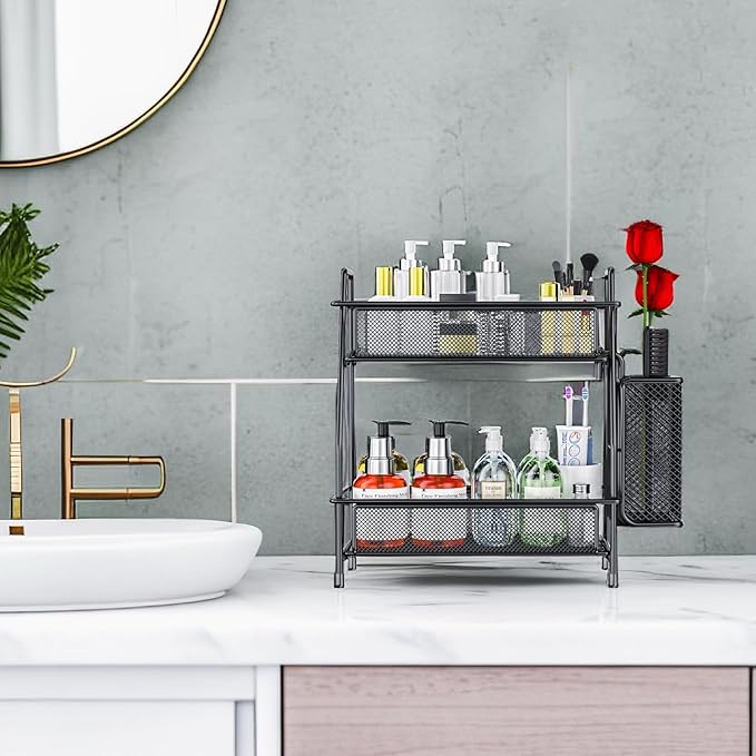 Bathroom Organizer with Basket, 2-Tier Bathroom Tray for Countertop Storage Shelf, Bathroom Counter Organizer, Vanity Organizer and Storage Kitchen Counter Organizers Spice Rack