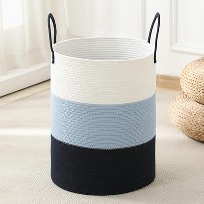 Laundry Basket Hamper Tall Rope Storage Woven for Blanket toys Dirty Clothes in Living Room Bathroom Bedroom (Gradient Blue, 100L/26.4Gal)