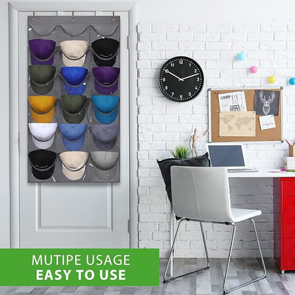 Dofilachy Hat Rack - Hat Organizer - Hat Racks for Baseball Caps, Visible Hat Holder - Baseball Hat Rack for Wall Door with 3 Hooks, 18 Deep Pockets(Grey, medium)