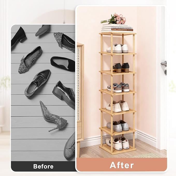 Aniston 7 Tier Bamboo Shoe Rack, Free Standing Slim Narrow Shoe Storage, Vertical Tall Shoe Shelf Organiser for Garage, Closet, Doorway, Corner, Living Room Small Spaces (7 Tier)