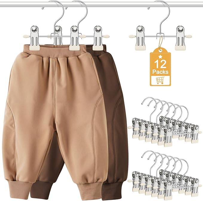 12 Pack Baby Hangers with Clips, 360°Rotatable Toddler Pant Hangers with Clips, Non-Slip Space Saving Kids Hanger for Newborn Children Clothes Skirts Boots Closet Organizers, Off-White