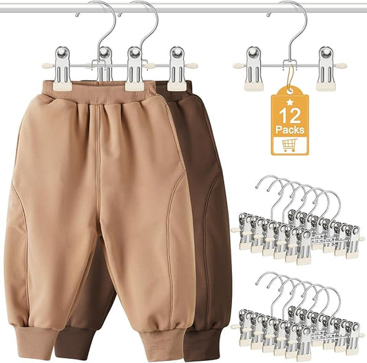 12 Pack Baby Hangers with Clips, 360°Rotatable Toddler Pant Hangers with Clips, Non-Slip Space Saving Kids Hanger for Newborn Children Clothes Skirts Boots Closet Organizers, Off-White