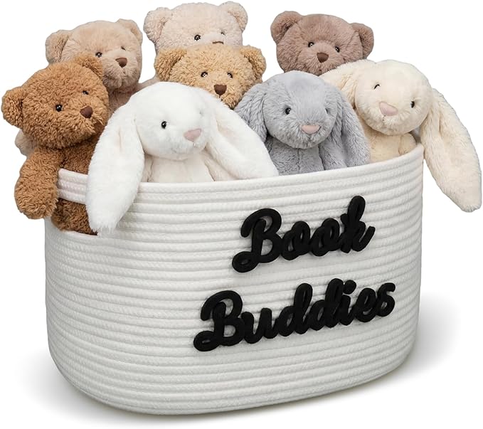 Threehoney Book Buddies Basket Preschool Book Toy Storage Basket with Handle Woven Cotton Rope Organizer for Back to School Kindergarten Preschool Classroom Graduation 15 x 10 x 9 Inches(Black)