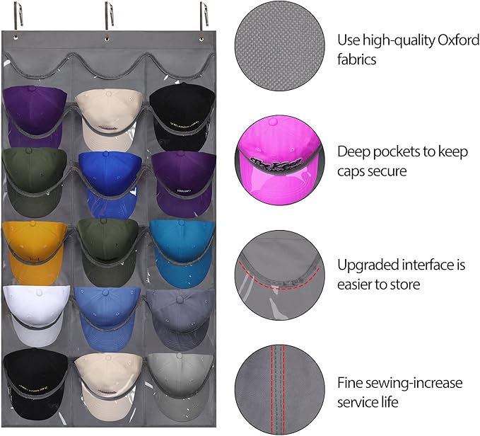 Dofilachy Hat Rack - Hat Organizer - Hat Racks for Baseball Caps, Visible Hat Holder - Baseball Hat Rack for Wall Door with 3 Hooks, 18 Deep Pockets(Grey, medium)