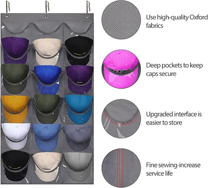 Dofilachy Hat Rack - Hat Organizer - Hat Racks for Baseball Caps, Visible Hat Holder - Baseball Hat Rack for Wall Door with 3 Hooks, 18 Deep Pockets(Grey, medium)