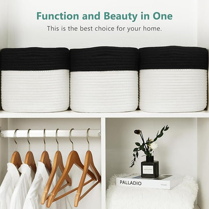 ECDYQXVU Cotton Rope Storage Basket, 15x10x9 Inches, Woven Basket for Shelves, Clothes, Towels, Books, and Laundry, Black/ White (1 Pack)