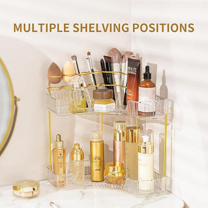NATURE'S SOURCE Makeup Organizer for Vanity, 2-Tier Corner Bathroom Organizer Countertop with Makeup Brush Holder, Corner Counter Storage for Bathroom Dresser-Clear