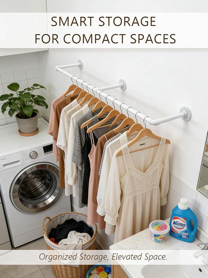 Aduanbang 65.7in Industrial Pipe Wall Mounted Clothes Rack, Heavy Duty Detachable Iron Garment Bar, Rustic Space-Saving Hanging Rod for Bedroom, Closet – White,4 hooks
