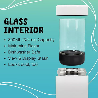 nugbuddy Smell Proof Container - Vacuum Insulated With Nested Glass Jar - UV Protection, Temperature Controlled Storage - Air Tight Stash Jar - Whiteboard Finish + Marker Included- 300 ml (3/4 Oz)