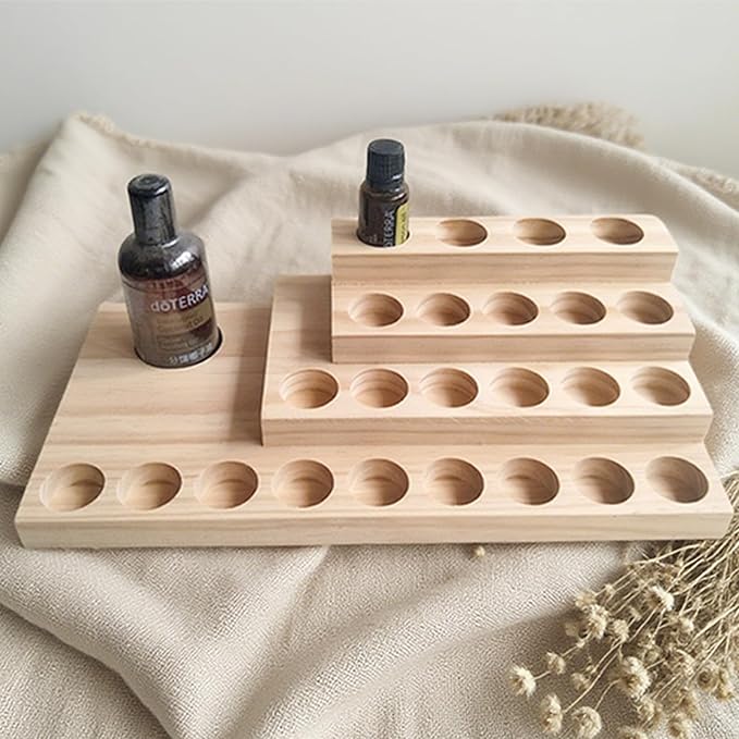 Wooden Essential Oil Rack 4 Tier Essential Oil Holder Shelves for Oil Solid Wood Essential Oil Organizer 25-Bottle Essential Oil Display Stand Tabletop Storage Rack for 5-20ml Bottles