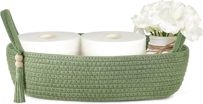 Mkono Small Storage Basket for Toilet Tank Top Boho Bathroom Decor Woven Rope Toilet Paper Tray Organizer for Shelf Bedroom Living Room, Green, 13" L x 6" W