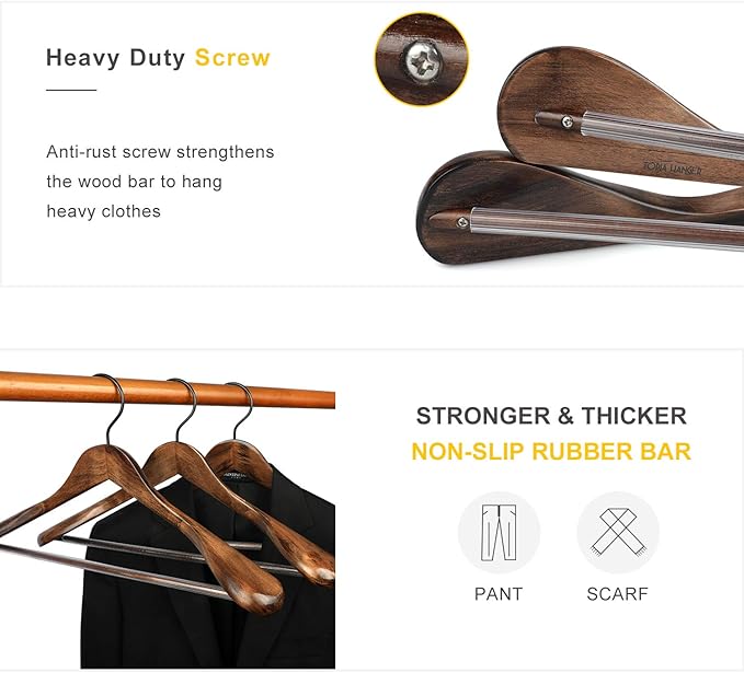 TOPIA HANGER Set of 6 Beautiful Coat Suit Jacket Wood Wooden Hangers, Premium Retro Finish with Extra-Wide Shoulder- 360° Black Hooks & Anti-Slip Bar CT02A